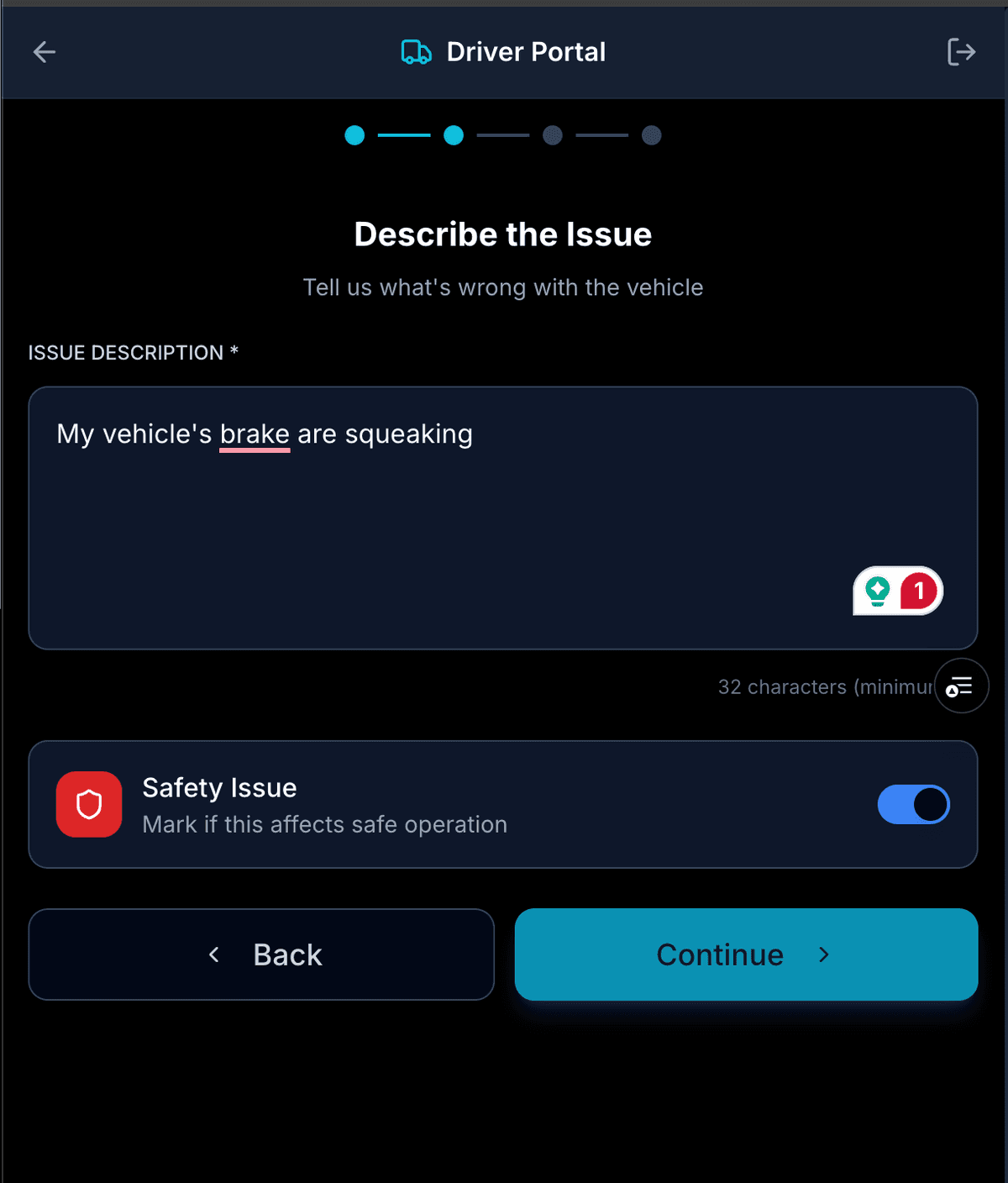 TruView driver portal showing issue reporting interface with safety flag toggle