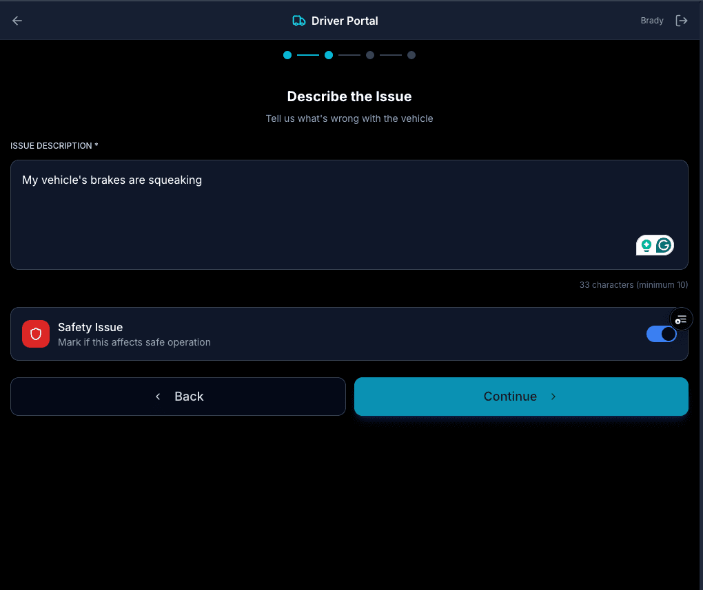 TruView driver portal — describe the issue screen with safety flag toggle