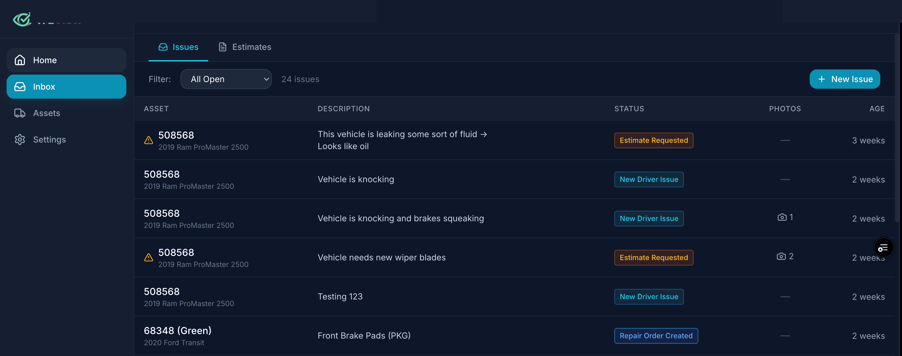 TruView customer portal — issue tracking dashboard