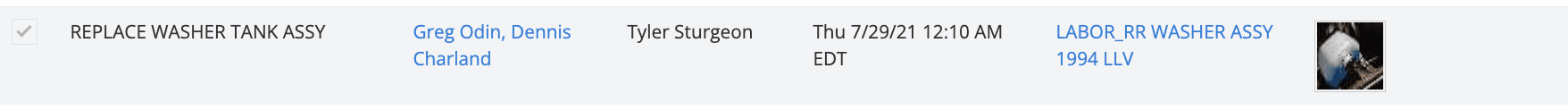 TruView verified repair line item — washer tank assembly replacement with technician name and timestamp